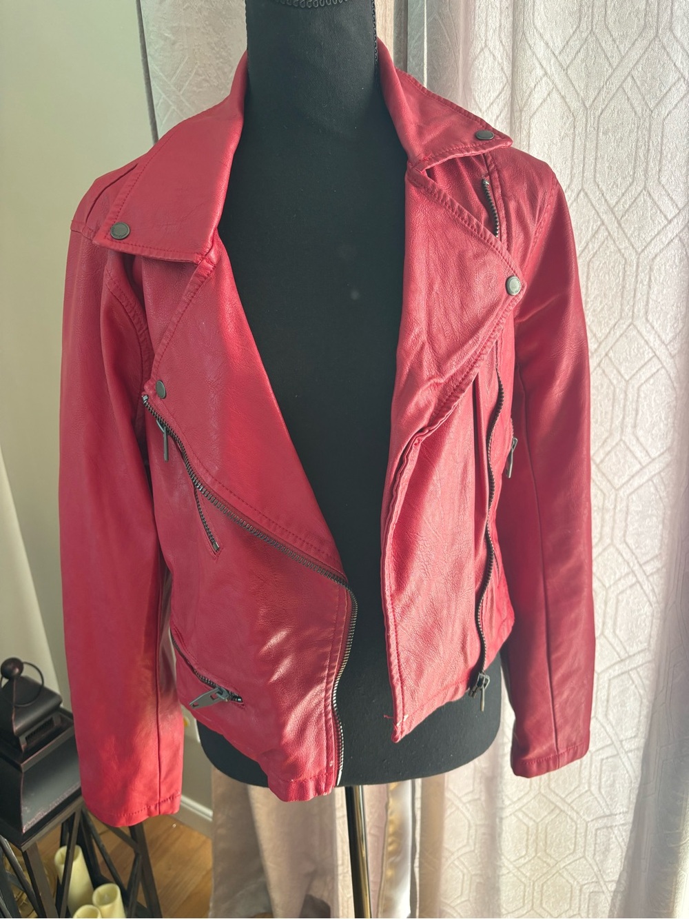 Blank NYC Red Faux Leather Asymmetrical Moto Jacket